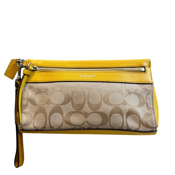 Coach Signature Logo Leather Canvas Wristlet Wallet Khaki Yellow - Picture 1 of 6